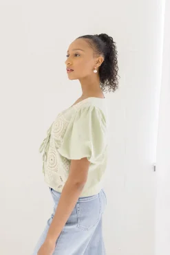 Marina Short Puff Sleeve Front Tie Crochet Embroidered Top Sage