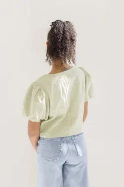 Marina Short Puff Sleeve Front Tie Crochet Embroidered Top Sage