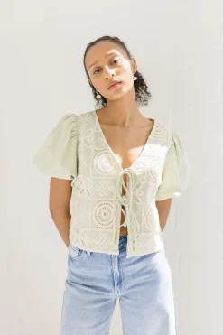 Marina Short Puff Sleeve Front Tie Crochet Embroidered Top Sage