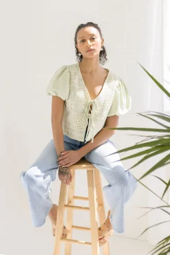 Marina Short Puff Sleeve Front Tie Crochet Embroidered Top Sage