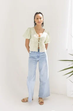 Marina Short Puff Sleeve Front Tie Crochet Embroidered Top Sage