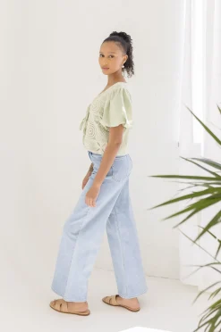 Marina Short Puff Sleeve Front Tie Crochet Embroidered Top Sage