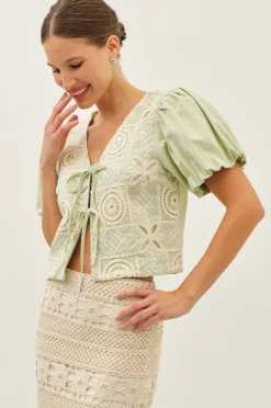Marina Short Puff Sleeve Front Tie Crochet Embroidered Top Sage