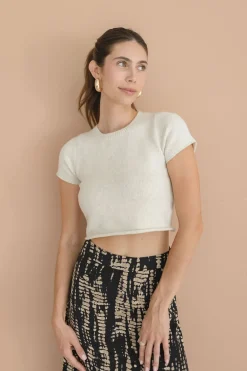 Maryann Short Sleeve Cropped Sweater Top Cream