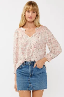Marylin Long Sleeve Button Down Floral Print Top Blush