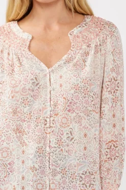 Marylin Long Sleeve Button Down Floral Print Top Blush