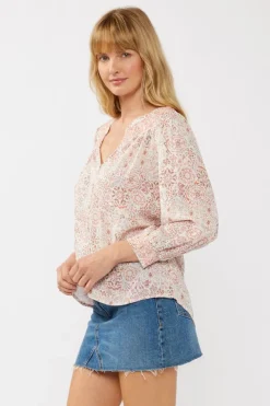 Marylin Long Sleeve Button Down Floral Print Top Blush