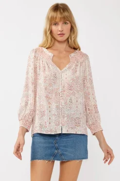 Marylin Long Sleeve Button Down Floral Print Top Blush