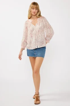 Marylin Long Sleeve Button Down Floral Print Top Blush