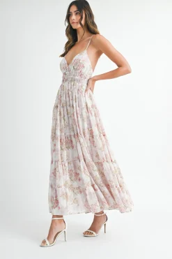 Maura Sleeveless Floral Print Tiered Maxi Dress Pink