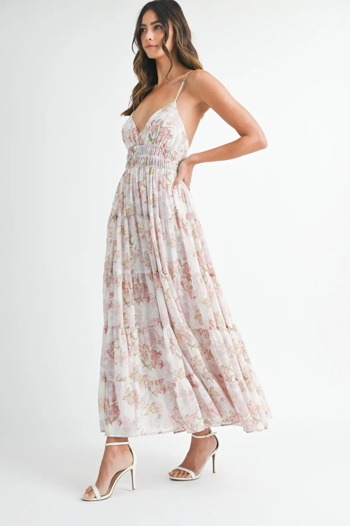 Maura Sleeveless Floral Print Tiered Maxi Dress Pink