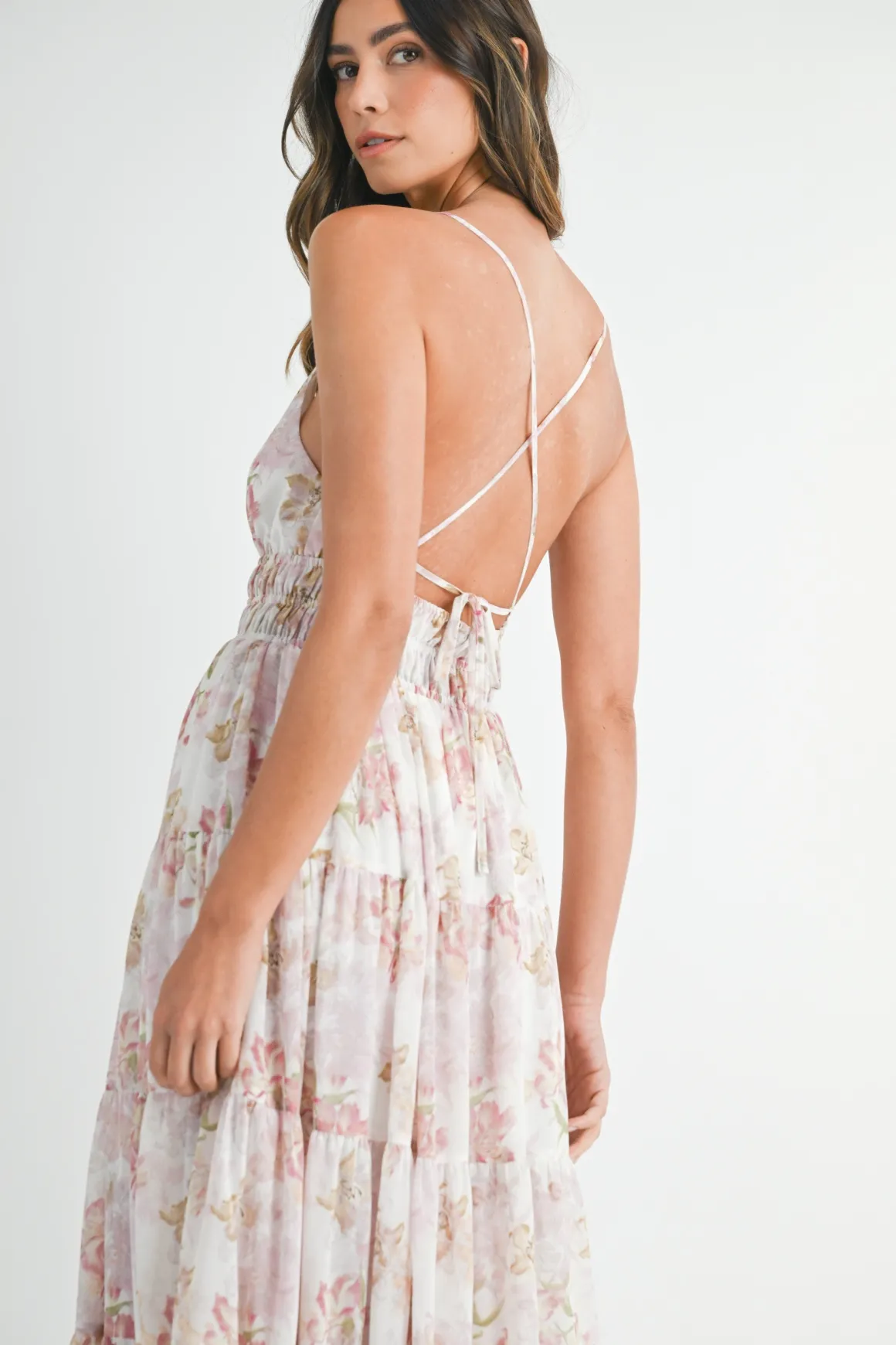 Maura Sleeveless Floral Print Tiered Maxi Dress Pink