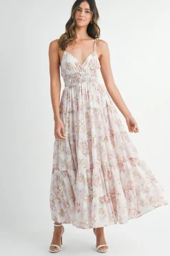 Maura Sleeveless Floral Print Tiered Maxi Dress Pink