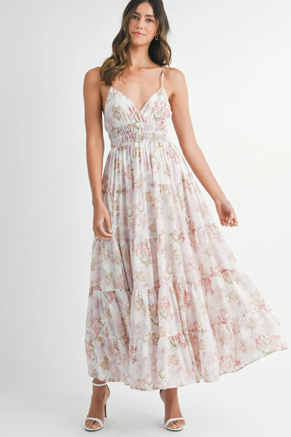 Maura Sleeveless Floral Print Tiered Maxi Dress Pink