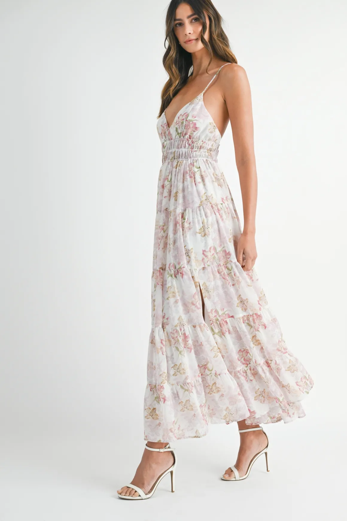 Maura Sleeveless Floral Print Tiered Maxi Dress Pink