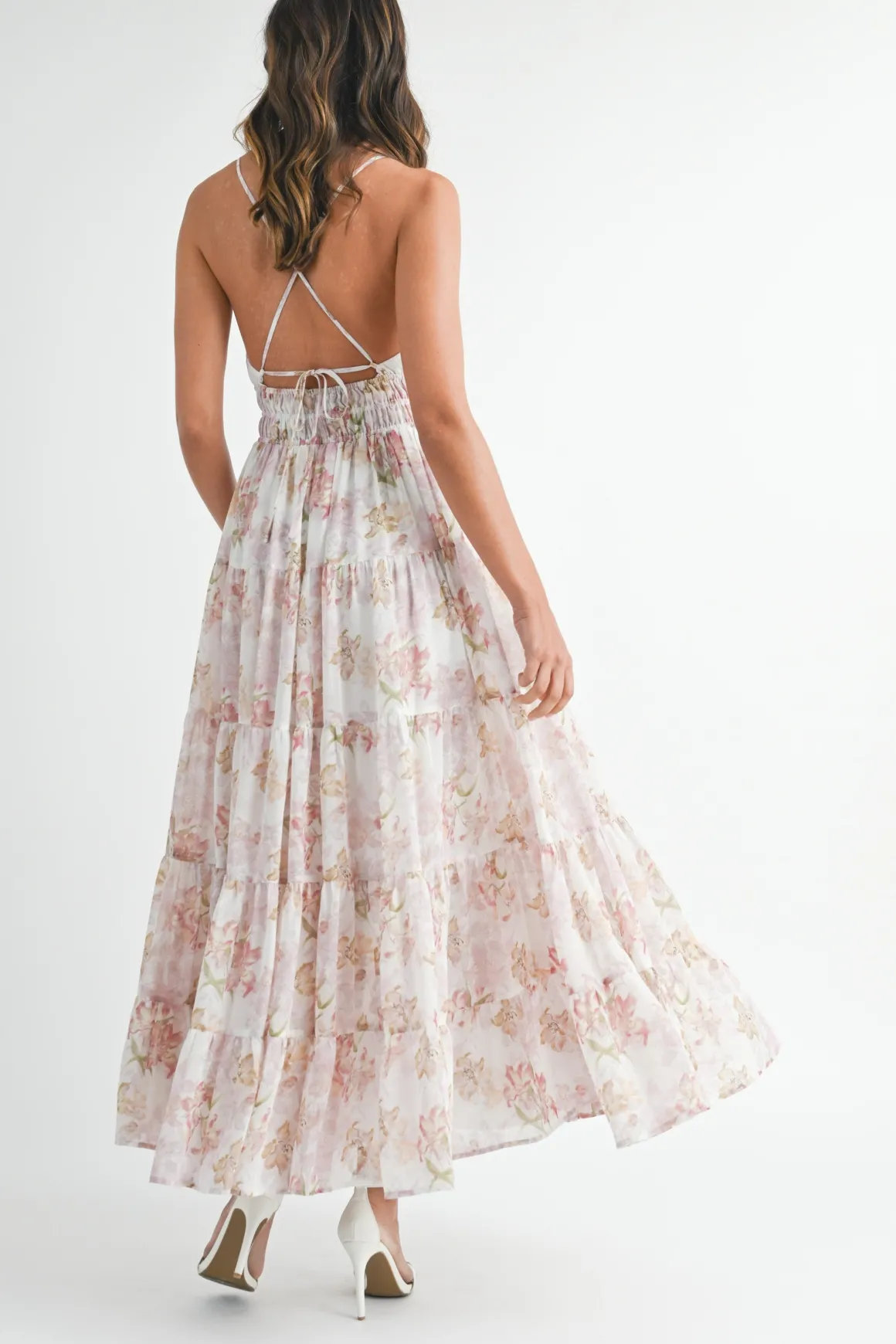 Maura Sleeveless Floral Print Tiered Maxi Dress Pink
