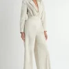 Maxine Long Sleeve Notch Lapel Wide Leg Linen Jumpsuit Natural