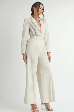 Maxine Long Sleeve Notch Lapel Wide Leg Linen Jumpsuit Natural