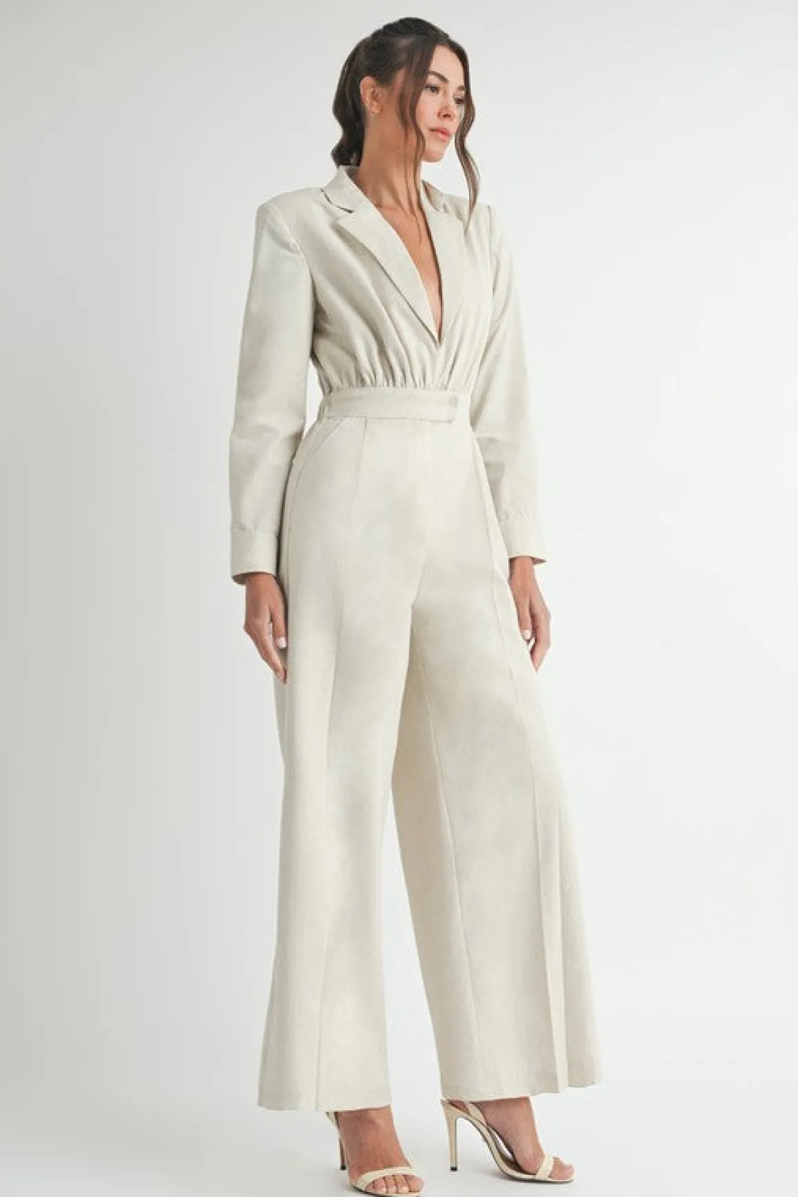 Maxine Long Sleeve Notch Lapel Wide Leg Linen Jumpsuit Natural