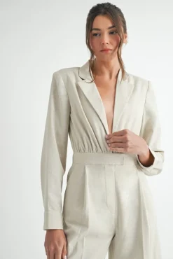 Maxine Long Sleeve Notch Lapel Wide Leg Linen Jumpsuit Natural
