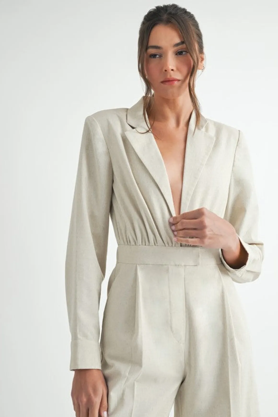 Maxine Long Sleeve Notch Lapel Wide Leg Linen Jumpsuit Natural