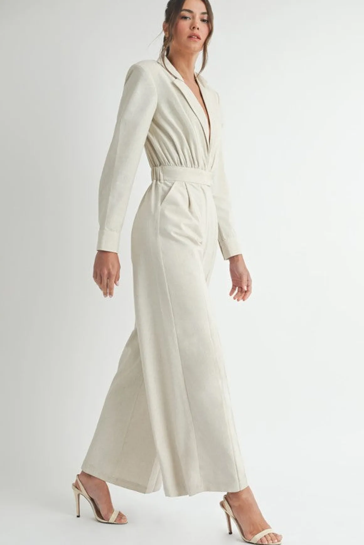 Maxine Long Sleeve Notch Lapel Wide Leg Linen Jumpsuit Natural