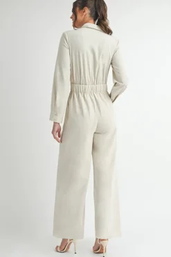 Maxine Long Sleeve Notch Lapel Wide Leg Linen Jumpsuit Natural
