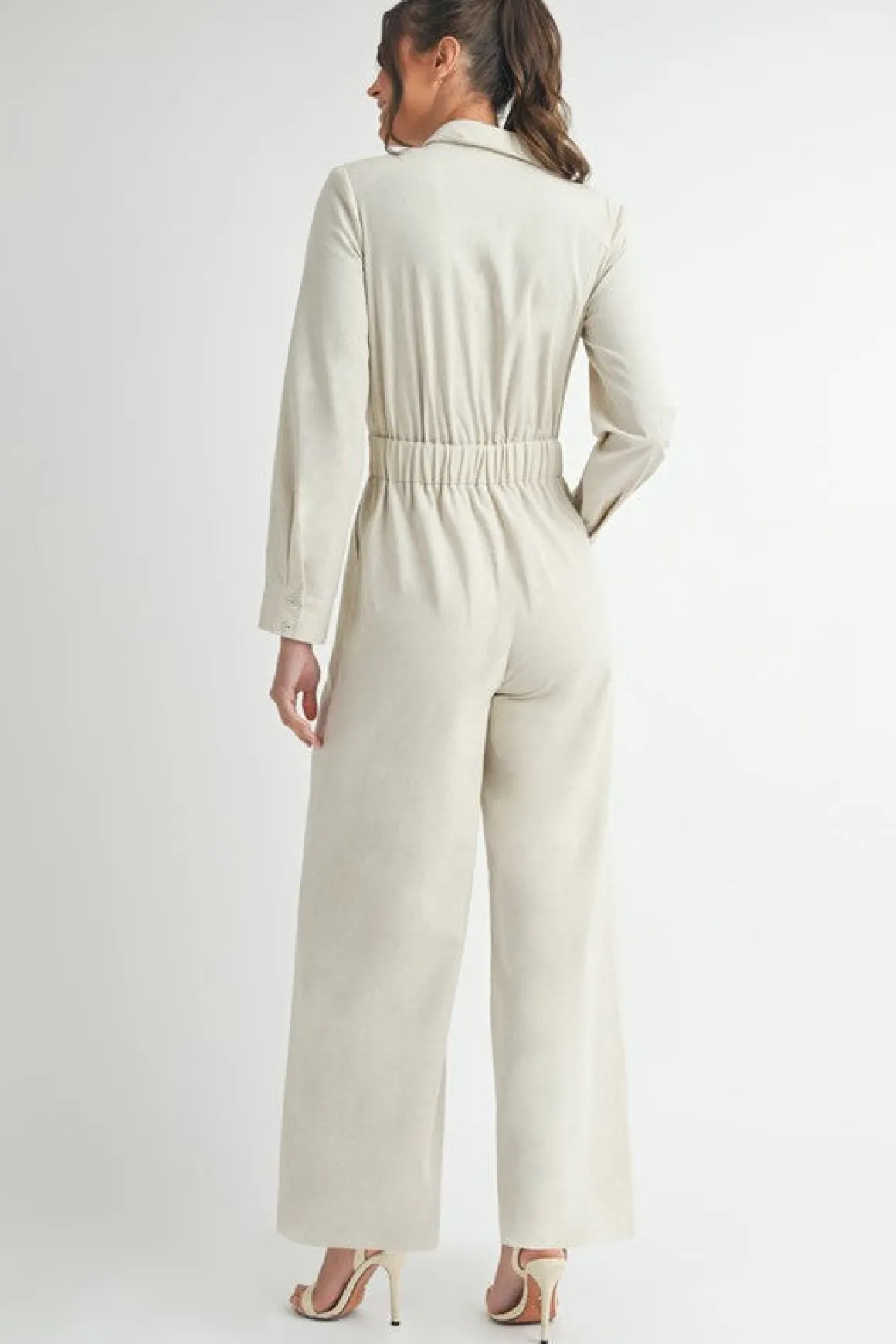 Maxine Long Sleeve Notch Lapel Wide Leg Linen Jumpsuit Natural