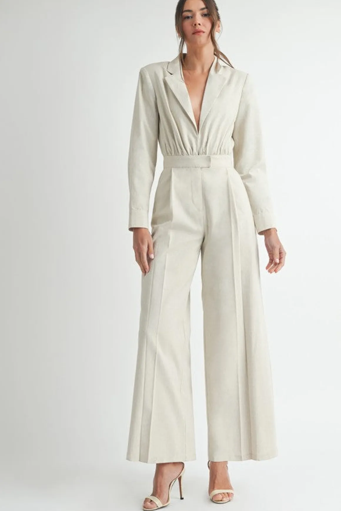 Maxine Long Sleeve Notch Lapel Wide Leg Linen Jumpsuit Natural