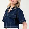Megan Short Sleeve Cropped Denim Top Dark Wash