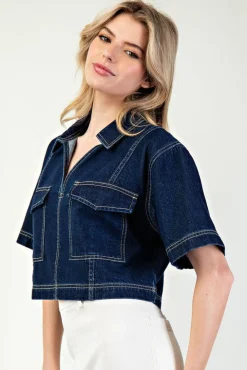 Megan Short Sleeve Cropped Denim Top Dark Wash