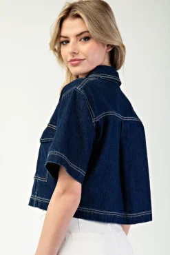 Megan Short Sleeve Cropped Denim Top Dark Wash