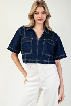 Megan Short Sleeve Cropped Denim Top Dark Wash