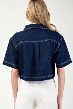 Megan Short Sleeve Cropped Denim Top Dark Wash