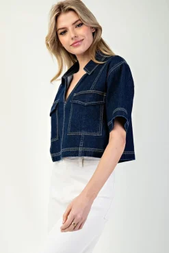 Megan Short Sleeve Cropped Denim Top Dark Wash