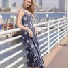 Melanie Sleeveless Embroidered Floral Midi Dress Navy
