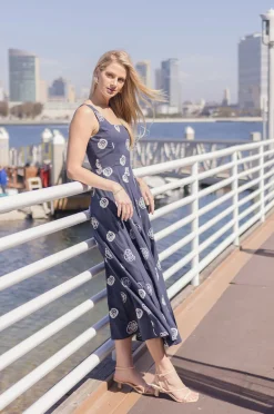 Melanie Sleeveless Embroidered Floral Midi Dress Navy