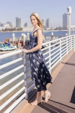 Melanie Sleeveless Embroidered Floral Midi Dress Navy