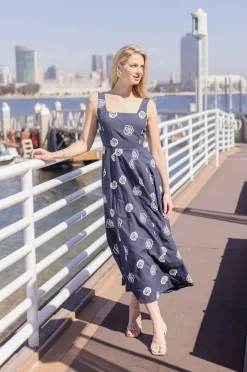 Melanie Sleeveless Embroidered Floral Midi Dress Navy