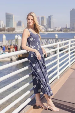 Melanie Sleeveless Embroidered Floral Midi Dress Navy