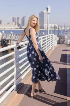 Melanie Sleeveless Embroidered Floral Midi Dress Navy