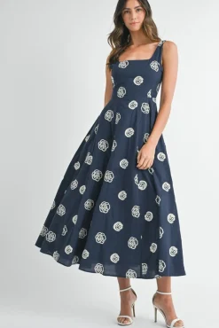 Melanie Sleeveless Embroidered Floral Midi Dress Navy