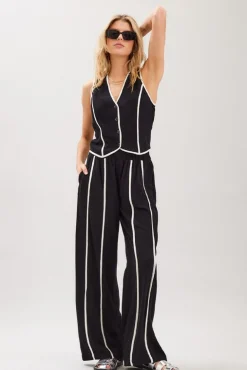 Mercy Sleeveless Contrast Linen Vest And Pants Black