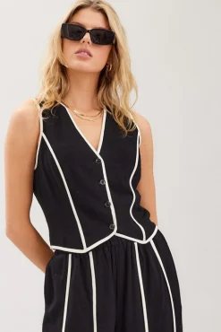 Mercy Sleeveless Contrast Linen Vest And Pants Black