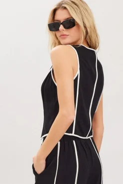 Mercy Sleeveless Contrast Linen Vest And Pants Black