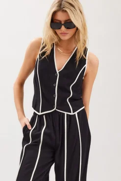 Mercy Sleeveless Contrast Linen Vest And Pants Black
