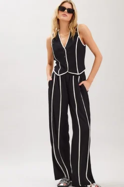 Mercy Sleeveless Contrast Linen Vest And Pants Black