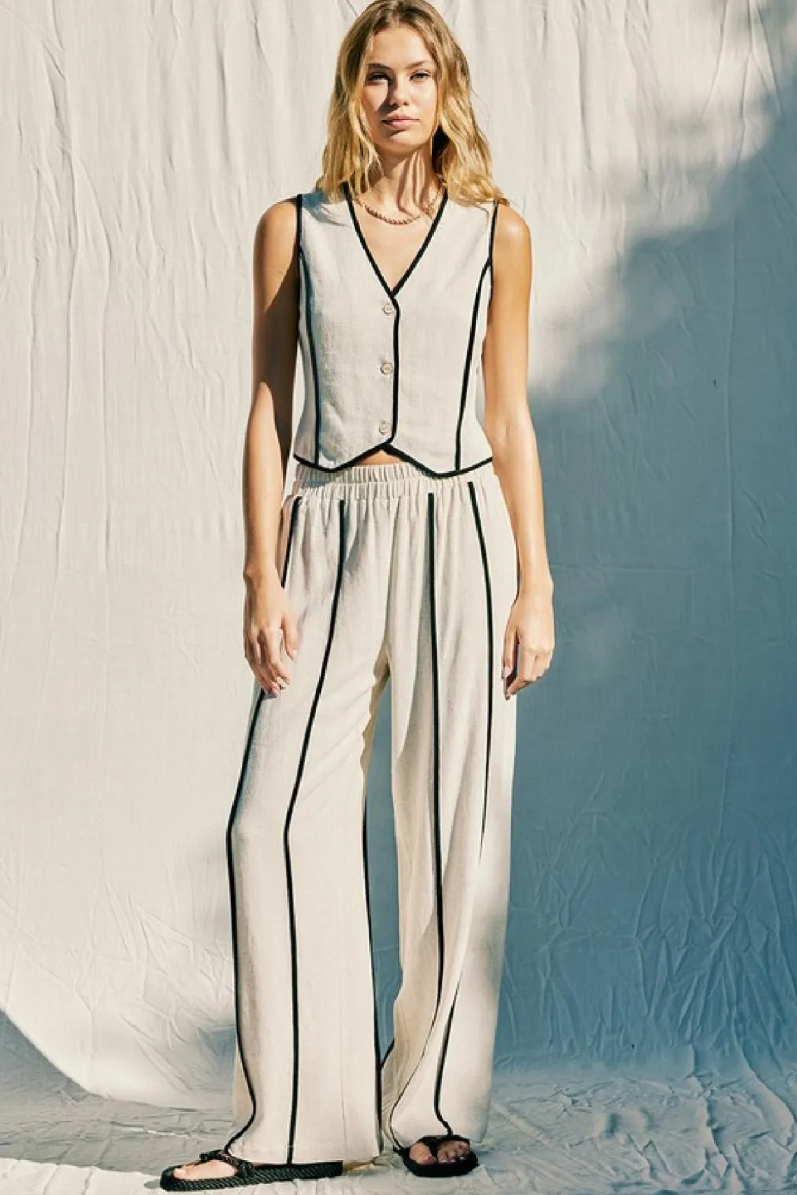 Mercy Sleeveless Contrast Linen Vest And Pants Natural