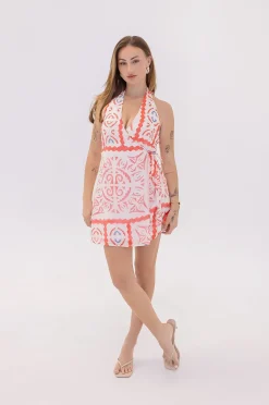 Michelle Sleeveless Halter Mosaic Print Wrap Mini Dress Red
