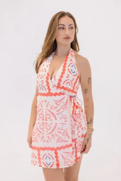 Michelle Sleeveless Halter Mosaic Print Wrap Mini Dress Red